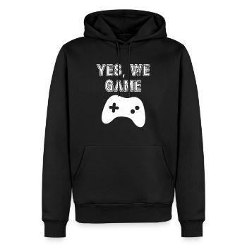 Ja, wir spielen! Einzigartiger Stil, origineller Humor - Männer Premium Bio Hoodie - Schwarz - Vorne - Nico (187cm)