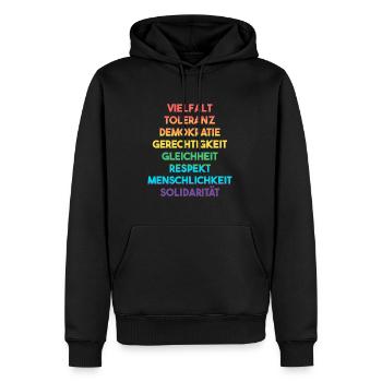 Demokratie, Vielfalt, Toleranz - LGBTQ - Wahl 2025 - Männer Premium Bio Hoodie - Schwarz - Vorne - Nico (187cm)