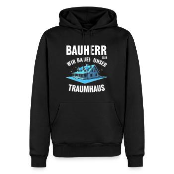 BAUHERR 2025 WIR BAUEN UNSER TRAUMHAUS - Männer Premium Bio Hoodie - Schwarz - Vorne - Nico (187cm)