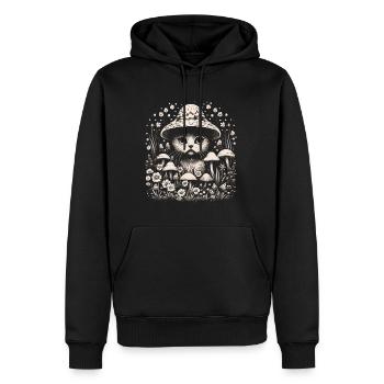 Chat, cottagecore, champignons - Sweat à capuche Premium bio Homme - noir - Devant - Nico (187cm)