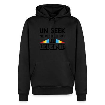 Un geek ne vieillit pas, il level-up - Sweat à capuche Premium bio Homme - noir - Devant - Nico (187cm)