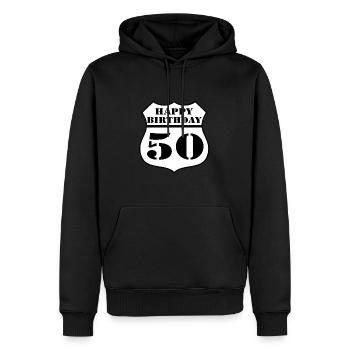 50e anniversaire , 50 ans , US Joyeux anniversaire (25) - Sweat à capuche Premium bio Homme - noir - Devant - Nico (187cm)