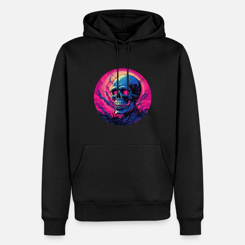 Cyber Skull Synthwave Retro Sunset - Männer Premium Bio Hoodie - Schwarz