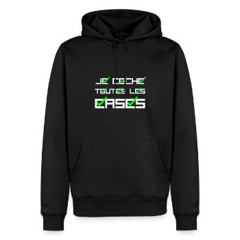 JE COCHE TOUTES LES CASES ! (amour,succès) blanc - Sweat à capuche Premium bio Homme - noir - Devant - Nico (187cm)