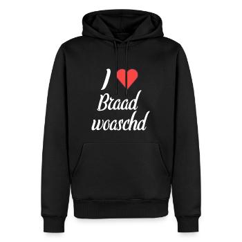 I love Braadwoaschd. Fränkisches Wurstdesign. Cool - Männer Premium Bio Hoodie - Schwarz - Vorne - Nico (187cm)