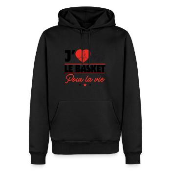 J’aime le basket pour la vie,Basketball,Basket - Sweat à capuche Premium bio Homme - noir - Devant - Nico (187cm)