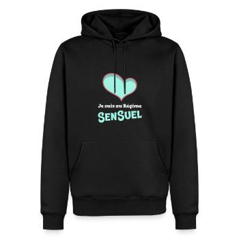JE SUIS AU RÉGIME SENSUEL ! (amour, love) - Sweat à capuche Premium bio Homme - noir - Devant - Nico (187cm)