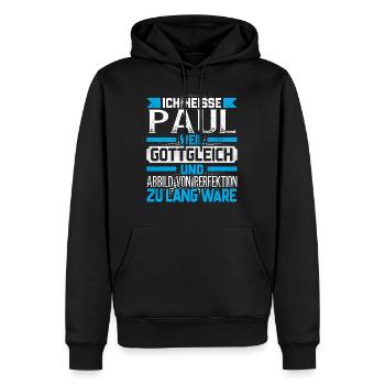 PAUL - Gottgleich Geschenk - Männer Premium Bio Hoodie - Schwarz - Vorne - Nico (187cm)