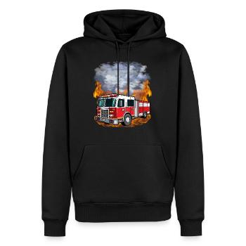 Feuerwehr - Löschfahrzeug vor Flammen und Rauch - Männer Premium Bio Hoodie - Schwarz - Vorne - Nico (187cm)