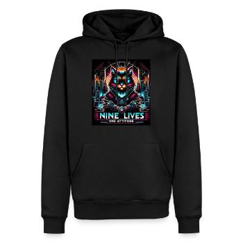Cyberpunk Cat - Neuf vies, une attitude - Sweat à capuche Premium bio Homme - noir - Devant - Nico (187cm)