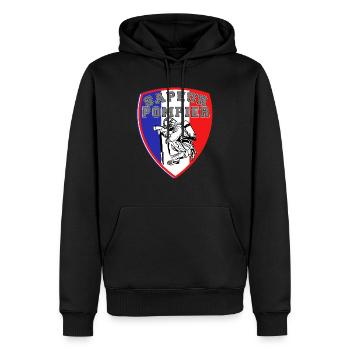 Fanion Sapeurs Pompiers de France stylé écusson - Sweat à capuche Premium bio Homme - noir - Devant - Nico (187cm)