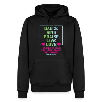 Chantez la louange Vivez l’amour Jésus Pasteur chrétien - Sweat à capuche Premium bio Homme - noir - Devant - Nico (187cm)