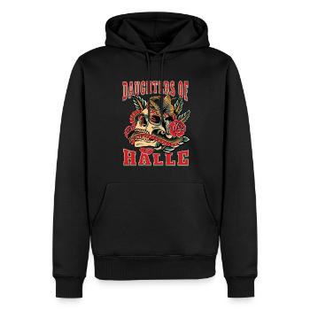 Halle Power-Frau daughters of Halle Retro - Männer Premium Bio Hoodie - Schwarz - Vorne - Nico (187cm)