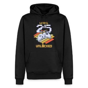 Amateur de jeux vidéo rétro Age 25 Niveau débloqué - Sweat à capuche Premium bio Homme - noir - Devant - Nico (187cm)