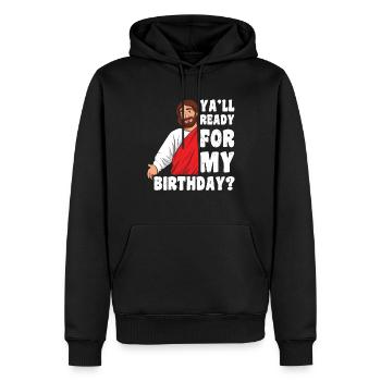Noël Décembre 2022 Joyeuse naissance Jésus Prêt - Sweat à capuche Premium bio Homme - noir - Devant - Nico (187cm)