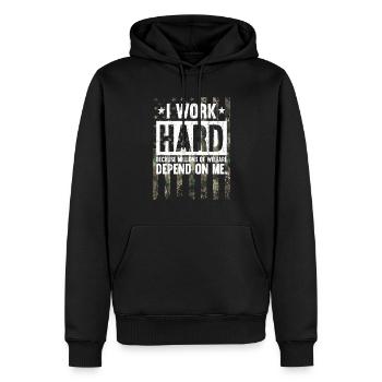 I Work Hard Camo American Flag Veteran Military - Men’s Premium Organic Hoodie - black - Front - Nico (187cm)