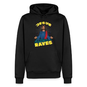 Jesus Raves DJ Raver Rave Hard Techno Dark Tekno - Männer Premium Bio Hoodie - Schwarz - Vorne - Nico (187cm)