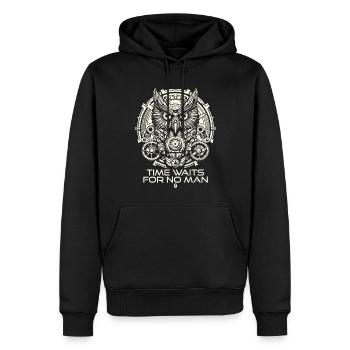 Eulen Uhr: Uhrwerk, Zeit wartet auf niemanden - Männer Premium Bio Hoodie - Schwarz - Vorne - Nico (187cm)