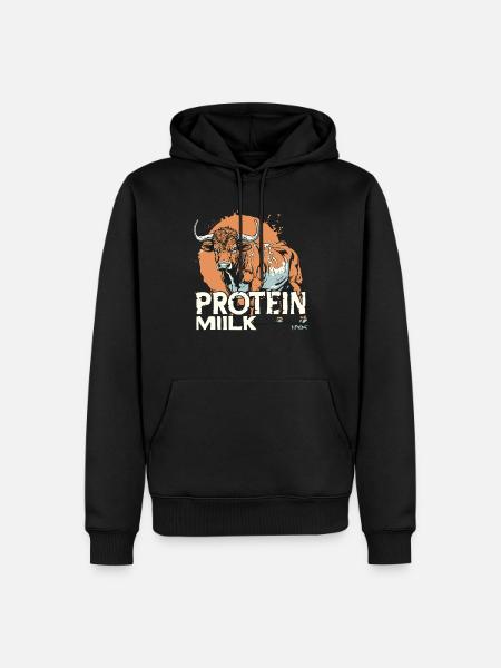 Tegneserieko med teksten: Proteinmælk - Herre Premium økologisk hoodie - sort