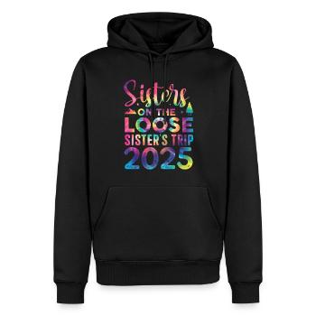 Voyage des sœurs en fuite 2025 - Sweat à capuche Premium bio Homme - noir - Devant - Nico (187cm)