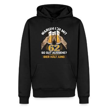 Pourquoi est-ce que j’ai l’air si bien à 62 ans ? La bière vous garde jeune - Sweat à capuche Premium bio Homme - noir - Devant - Nico (187cm)
