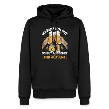 Pourquoi est-ce que j’ai l’air si bien à 61 ans ? La bière vous garde jeune - Sweat à capuche Premium bio Homme - noir - Devant - Nico (187cm)