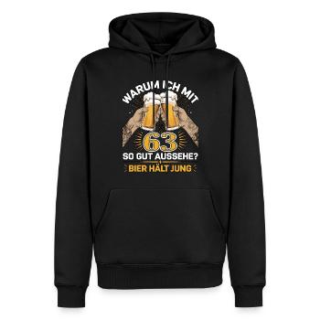 Pourquoi est-ce que j’ai l’air si bien à 63 ans ? La bière vous garde jeune - Sweat à capuche Premium bio Homme - noir - Devant - Nico (187cm)
