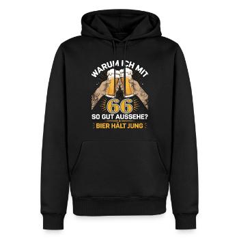 Pourquoi est-ce que j’ai l’air si bien à 66 ans ? La bière vous garde jeune - Sweat à capuche Premium bio Homme - noir - Devant - Nico (187cm)