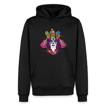 Bunte Calavera mit Blumen und Sombrero - Männer Premium Bio Hoodie - Schwarz - Vorne - Nico (187cm)
