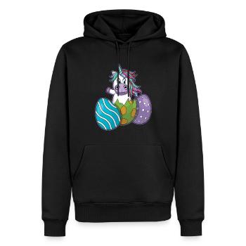 Cheerful unicorn with Easter eggs - Men’s Premium Organic Hoodie - black - Front - Nico (187cm)