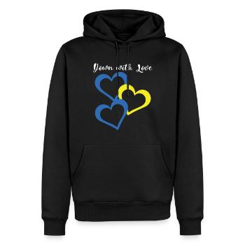 À bas l’amour Cœurs trisomiques - Sweat à capuche Premium bio Homme - noir - Devant - Nico (187cm)