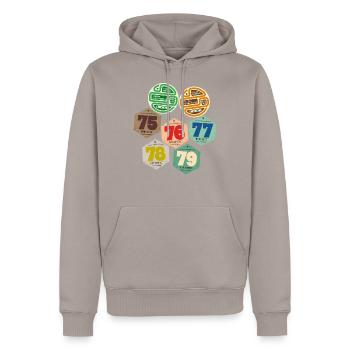 Vignettes automobiles années 70 - Sweat à capuche Premium bio Homme - taupe - Devant - Nico (187cm)