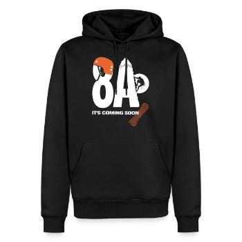 8A Es kommt bald - Passionsklettern - Männer Premium Bio Hoodie - Schwarz - Vorne - Nico (187cm)