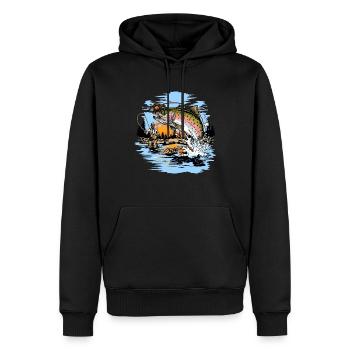 Imprimé pêche à la mouche truite arc-en-ciel - Sweat à capuche Premium bio Homme - noir - Devant - Nico (187cm)