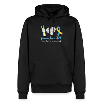 Peace Love T21 Sensibilisation au syndrome de Down Sped Teache - Sweat à capuche Premium bio Homme - noir - Devant - Nico (187cm)