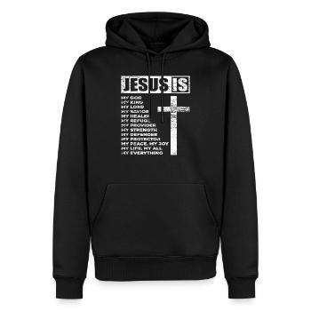Jésus dieu - Sweat à capuche Premium bio Homme - noir - Devant - Nico (187cm)