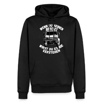 Unimog , Nutzfahrzeug, Lkw, Unimog 406, Traktor - Männer Premium Bio Hoodie - Schwarz - Vorne - Nico (187cm)