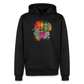 Trompete auf Farbklecksen - Männer Premium Bio Hoodie - Schwarz - Vorne - Nico (187cm)