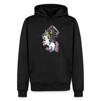 Tod reitet Einhorn Sensemann Ironie Humor - Männer Premium Bio Hoodie - Schwarz - Vorne - Nico (187cm)