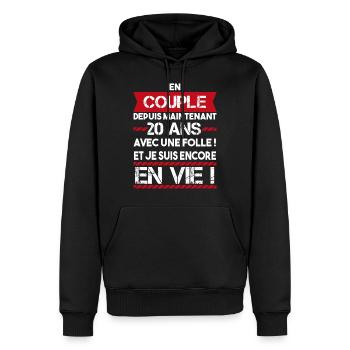cadeau marrant pour couple 20 ans | phrase drôle - Sweat à capuche Premium bio Homme - noir - Devant - Nico (187cm)