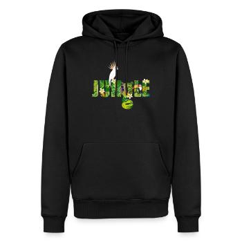 Typographie de la jungle avec cacatoès, toucan et singe - Sweat à capuche Premium bio Homme - noir - Devant - Nico (187cm)