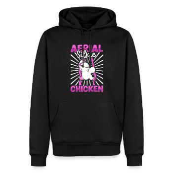 Soies aériennes - Poulet Silkie aérien - Sweat à capuche Premium bio Homme - noir - Devant - Nico (187cm)