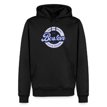 Boston Schriftzug Kreisabzeichen - Männer Premium Bio Hoodie - Schwarz - Vorne - Nico (187cm)