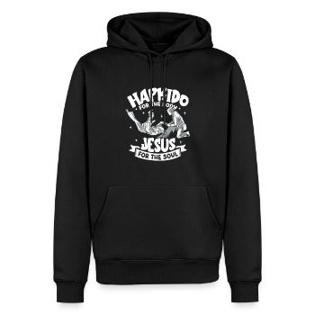 Jesus für die Seele - Hapkido für den Körper - Männer Premium Bio Hoodie - Schwarz - Vorne - Nico (187cm)