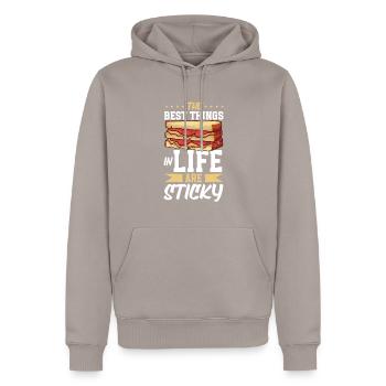 Die besten Dinge sind klebrig - PB&J Sandwich - Männer Premium Bio Hoodie - Taupe - Vorne - Nico (187cm)