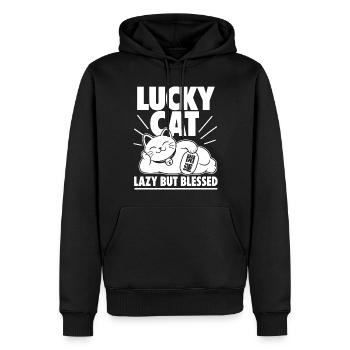 Chat Chanceux Paresseux - Sweat à capuche Premium bio Homme - noir - Devant - Nico (187cm)