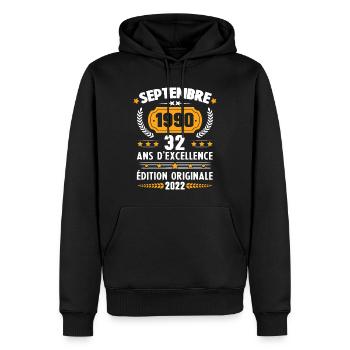 Cadeau D'anniversaire Rétro 32 Ans Septembre 1990 - Sweat à capuche Premium bio Homme - noir - Devant - Nico (187cm)