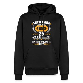 Cadeau D'anniversaire Rétro 29 Ans Septembre 1993 - Sweat à capuche Premium bio Homme - noir - Devant - Nico (187cm)