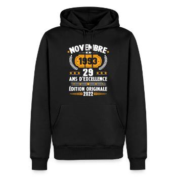 Cadeau D'anniversaire 29 Ans Novembre 1993 Rétro - Sweat à capuche Premium bio Homme - noir - Devant - Nico (187cm)