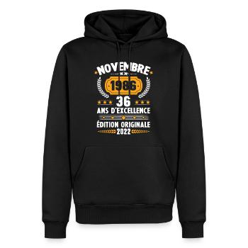 Cadeau D'anniversaire Rétro 36 Ans Novembre 1986 - Sweat à capuche Premium bio Homme - noir - Devant - Nico (187cm)